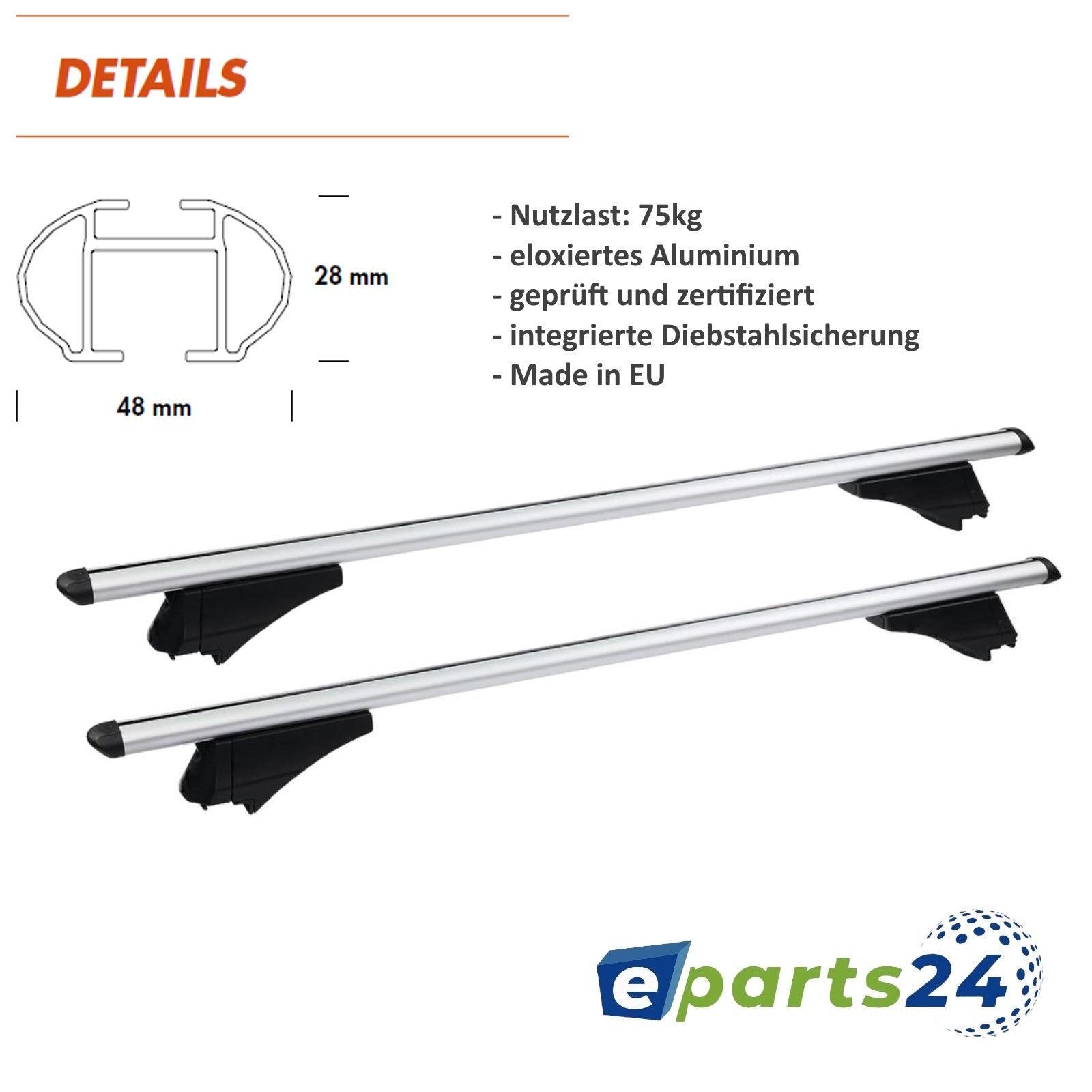 Roof rack cross bar for open &amp; closed 120cm lockable set universal silver