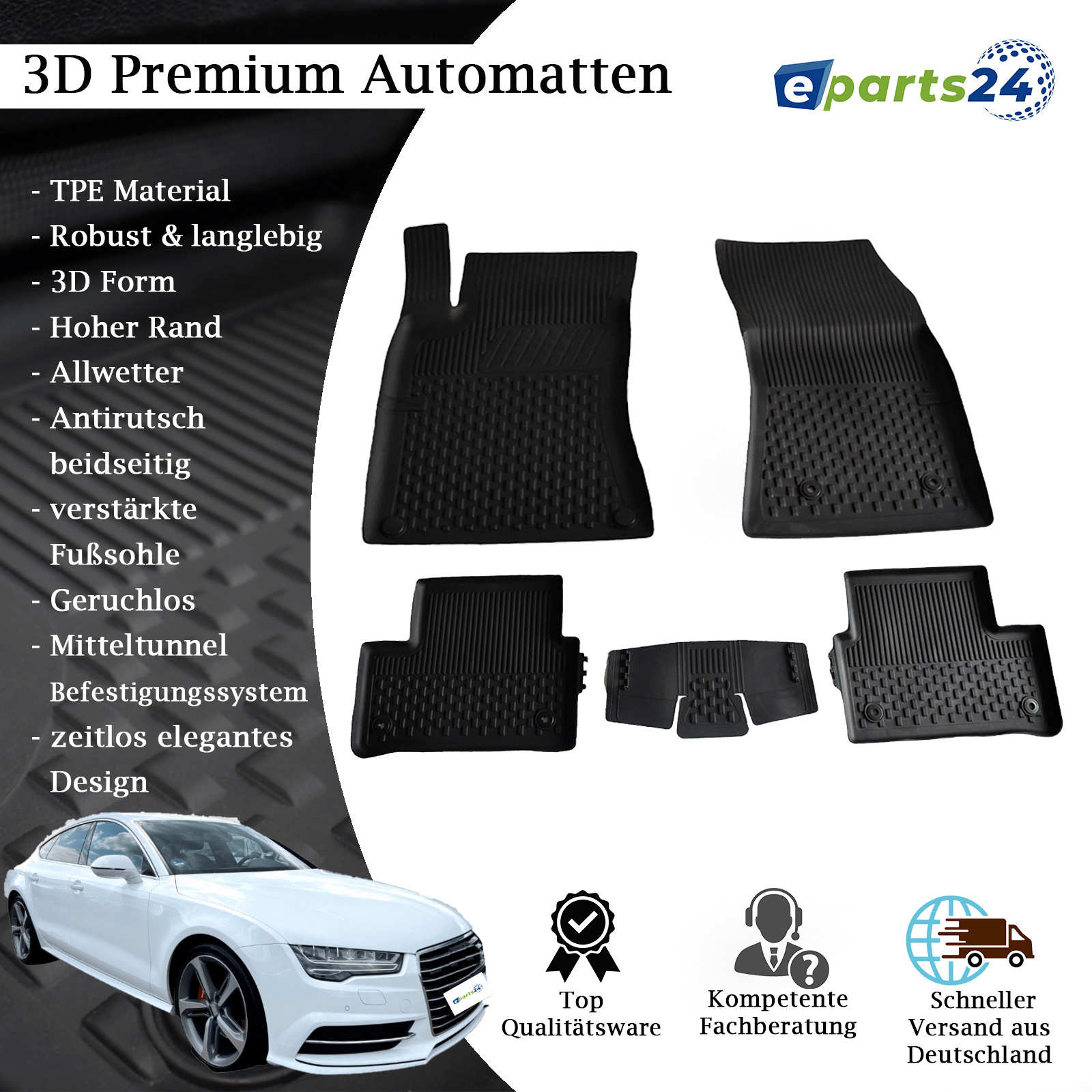 Automatten Fußmatten Premium TPE für Audi A7 C7 2010-2018 5tlg.Mattenset schwarz