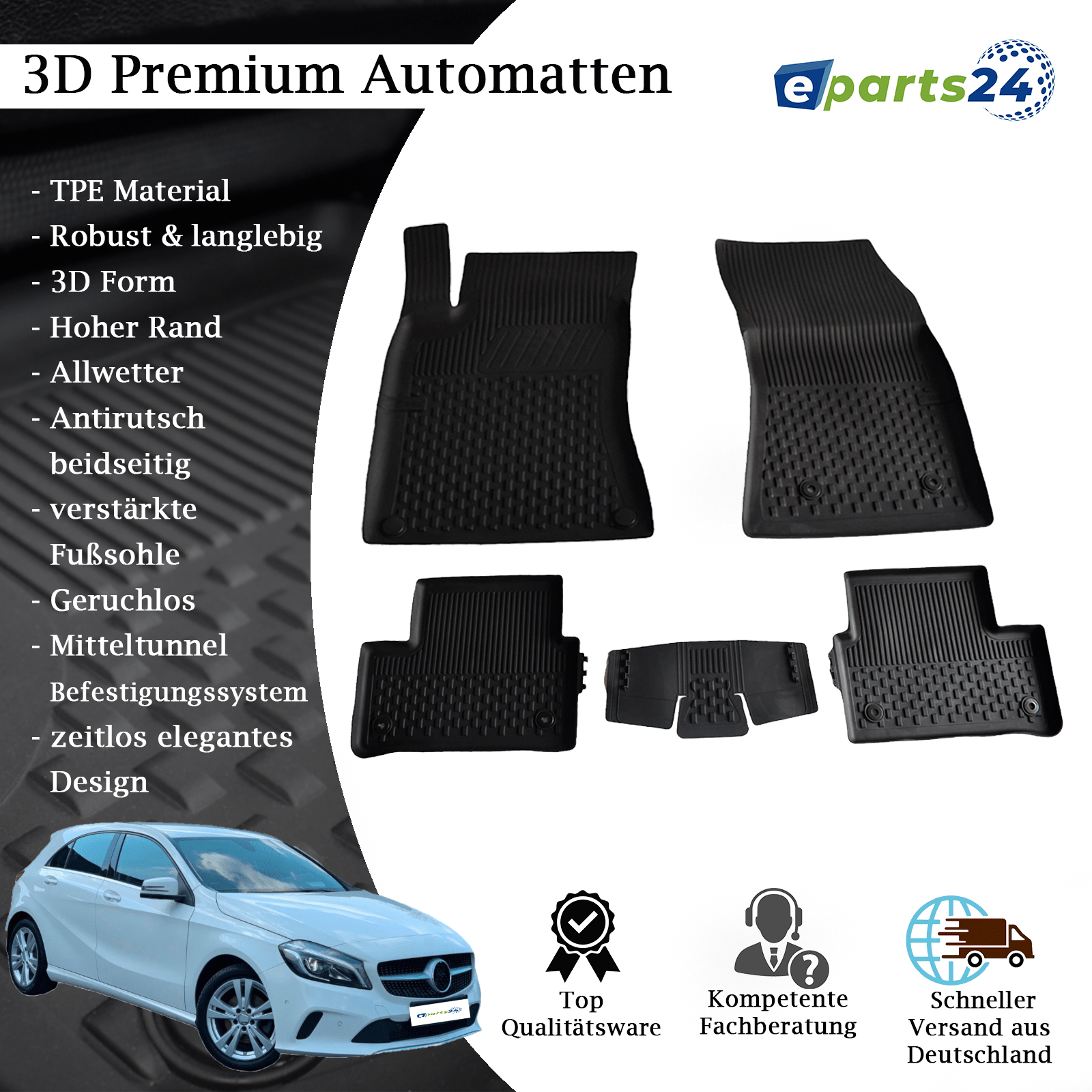 Automatten Fußmatten Premium TPE für Mercedes A Klasse W176 2012-2018 5tlg. Set schwarz